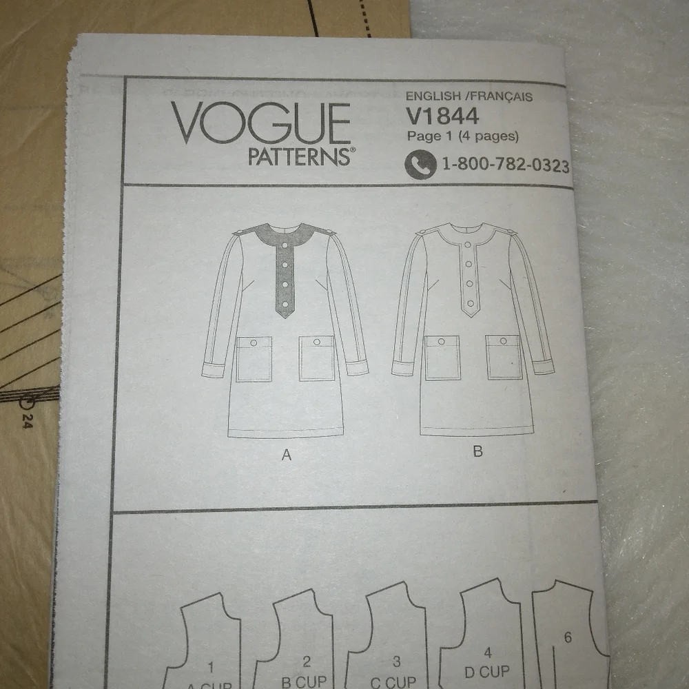 VOGUE V1844 Sz 16-24 Misses Lined Fitted Dress With Center Front Banding